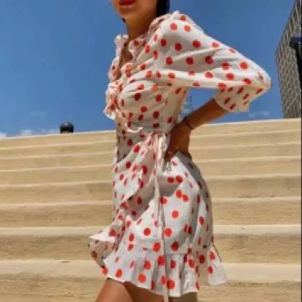 Polka Dot Ruffle Wrap Dress - Picture 3 of 15